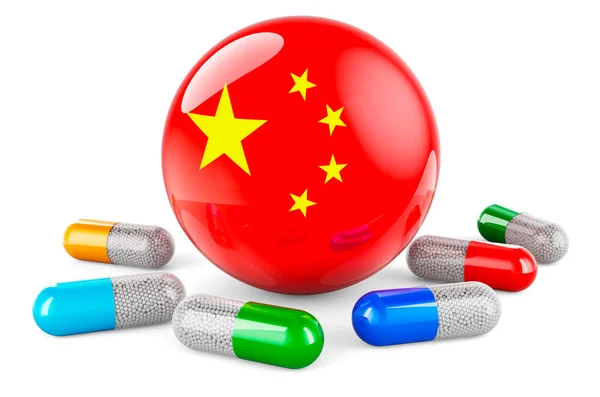 Pills Capsule Chinese Flag Rendering Isolated White Background — Stok fotoğraf