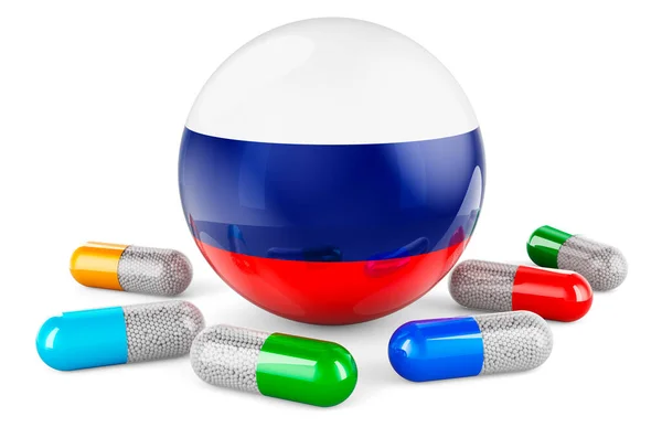 Pills Capsules Russian Flag Rendering Isolated White Background — Foto Stock