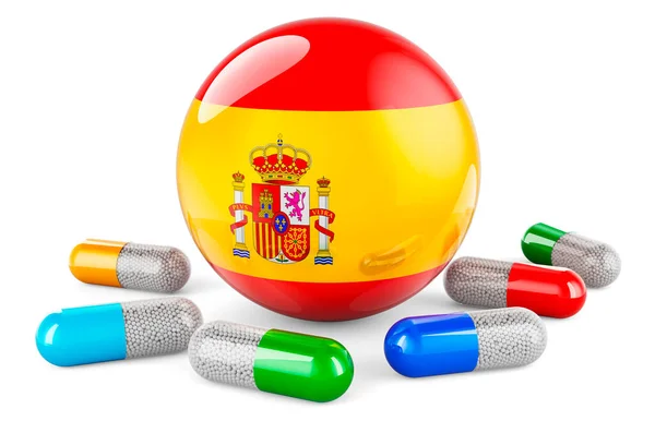 Pills Capsules Spanish Flag Rendering Isolated White Background — Foto Stock