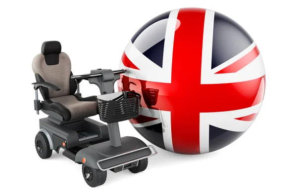 British Flag Indoor Powerchair Electric Wheelchair Rendering Isolated White Background — стоковое фото