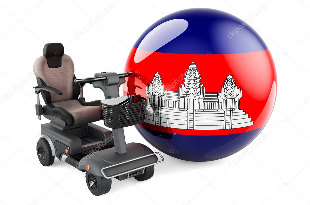 Cambodian flag with indoor powerchair or electric wheelchair, 3D rendering isolated on white background