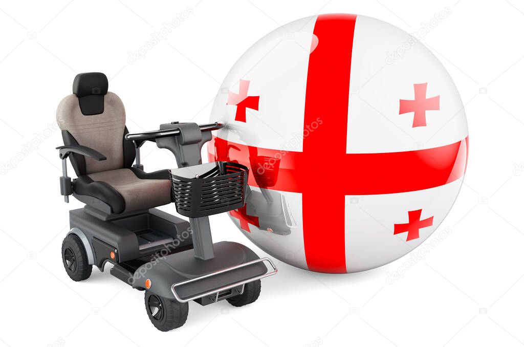 Georgian flag with indoor powerchair or electric wheelchair, 3D rendering isolated on white background