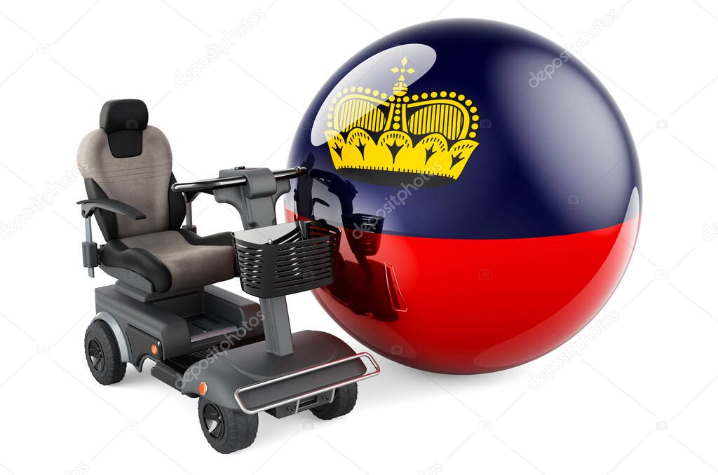 Liechtensteiner flag with indoor powerchair or electric wheelchair, 3D rendering isolated on white background