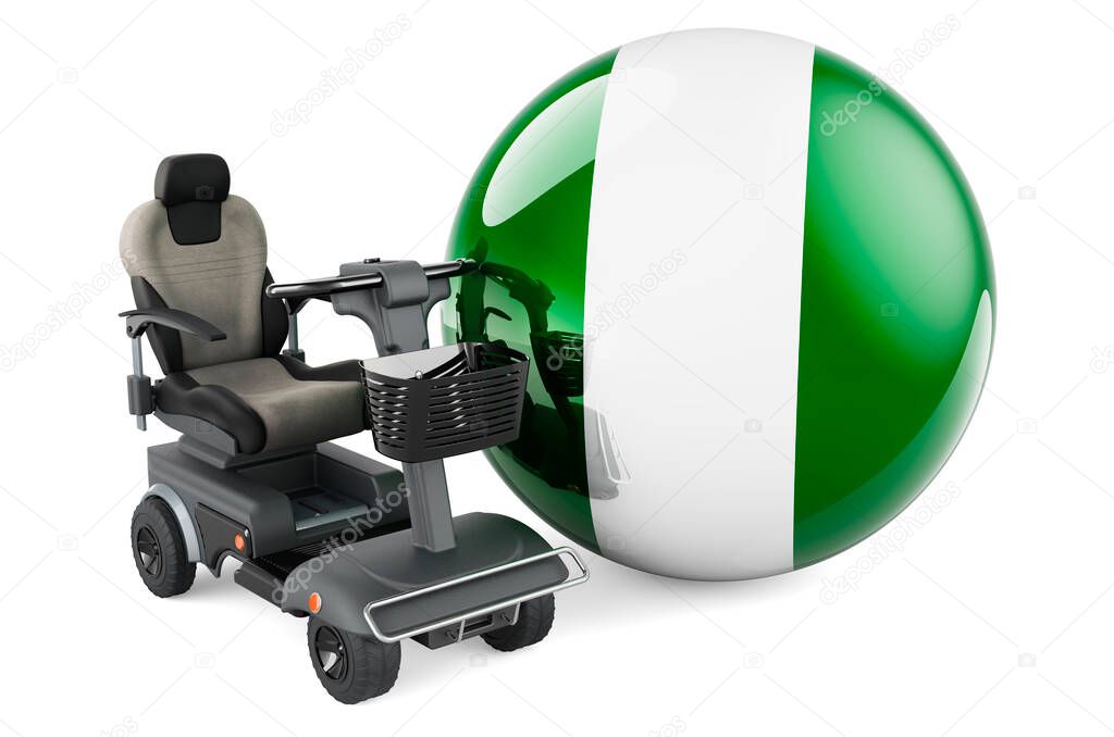 Nigerian flag with indoor powerchair or electric wheelchair, 3D rendering isolated on white background
