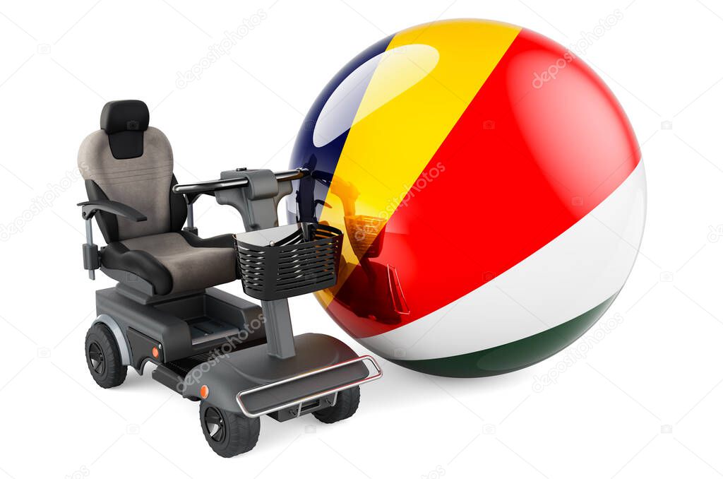 Seychelloise flag with indoor powerchair or electric wheelchair, 3D rendering isolated on white background