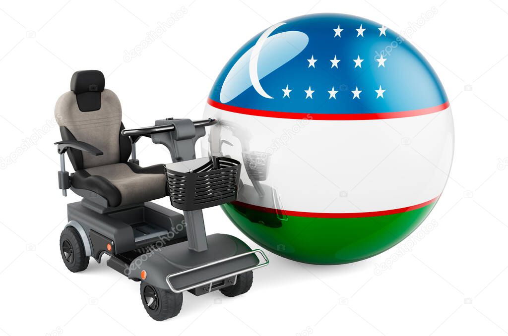 Uzbek flag with indoor powerchair or electric wheelchair, 3D rendering isolated on white background