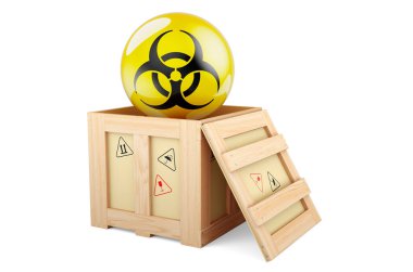 Wooden box, parcel with biohazard symbol. 3D rendering isolated on white background