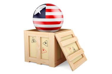 Wooden box, parcel with Liberian flag. Shipping and delivery in Liberia, concept. 3D rendering isolated on white background