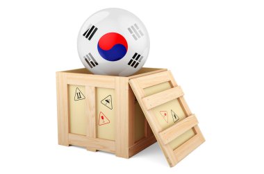Wooden box, parcel with South Korean flag. Shipping and delivery in South Korea, concept. 3D rendering isolated on white background