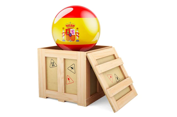 Wooden Box Parcel Spanish Flag Shipping Delivery Spain Concept Rendering — Stok fotoğraf
