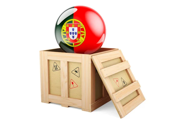 Wooden Box Parcel Portuguese Flag Shipping Delivery Portugal Concept Rendering —  Fotos de Stock