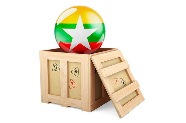 Wooden Box Parcel Myanmar Flag Shipping Delivery Myanmar Concept Rendering — Stock fotografie