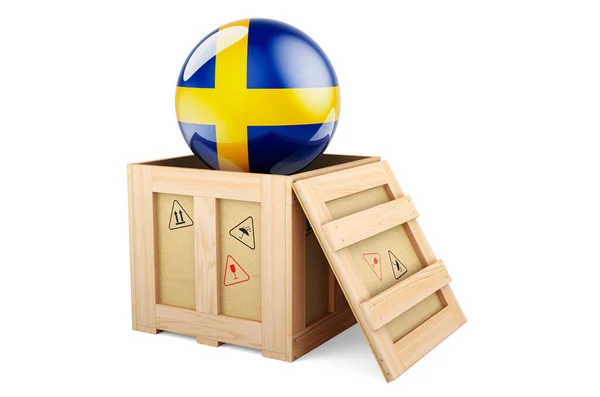 Wooden Box Parcel Swedish Flag Shipping Delivery Sweden Concept Rendering — Stock fotografie