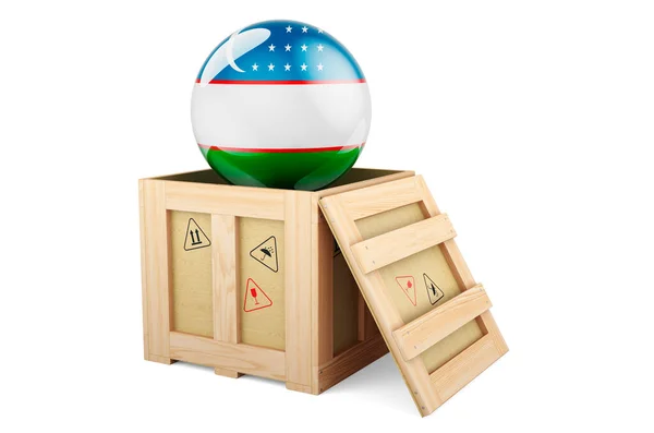 Wooden Box Parcel Uzbek Flag Shipping Delivery Uzbekistan Concept Rendering — Φωτογραφία Αρχείου