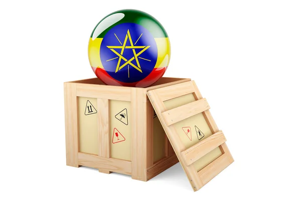 Дерев Яна Коробка Посилка Ефіопським Прапором Судноплавство Доставка Ефіопію Концепція — стокове фото
