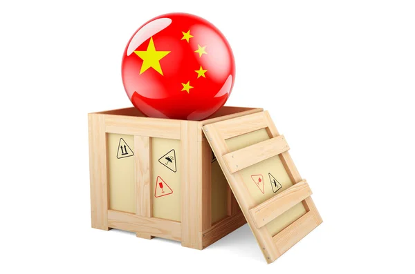 Wooden Box Parcel Chinese Flag Shipping Delivery China Concept Rendering — 스톡 사진