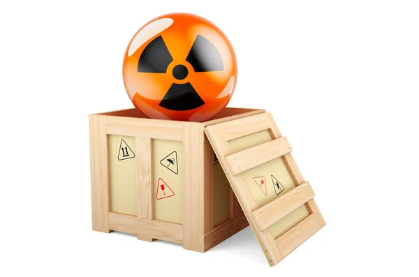 Wooden Box Parcel Radiation Sign Rendering Isolated White Background — 스톡 사진