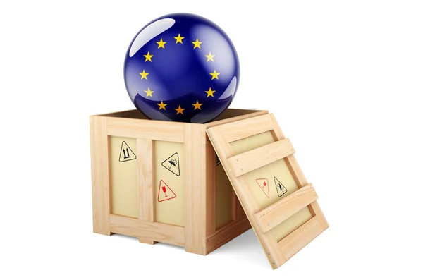 Wooden Box Parcel Flag Shipping Delivery European Union Concept Rendering — Stock fotografie