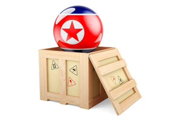 Wooden Box Parcel North Korean Flag Shipping Delivery North Korea — 스톡 사진