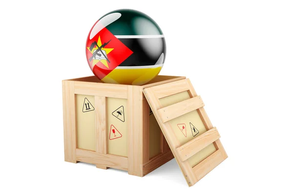 Wooden Box Parcel Mozambican Flag Shipping Delivery Mozambique Concept Rendering — 스톡 사진