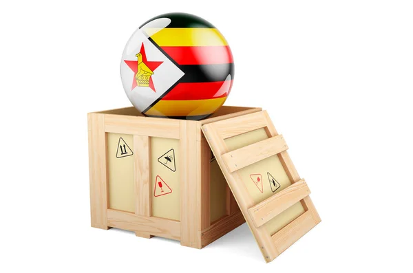 Wooden Box Parcel Zimbabwean Flag Shipping Delivery Zimbabwe Concept Rendering — 스톡 사진