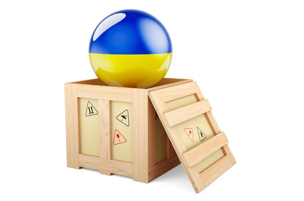 Wooden Box Parcel Ukrainian Flag Shipping Delivery Ukraine Concept Rendering — стокове фото