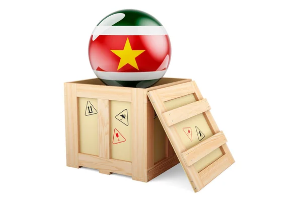 Wooden Box Parcel Surinamese Flag Shipping Delivery Suriname Concept Rendering — Stock fotografie