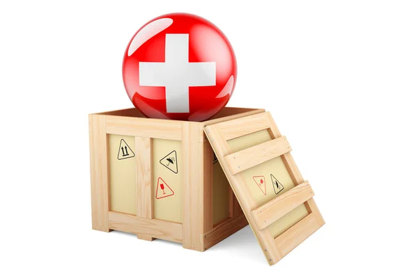 Wooden Box Parcel Swiss Flag Shipping Delivery Switzerland Concept Rendering — Stock fotografie