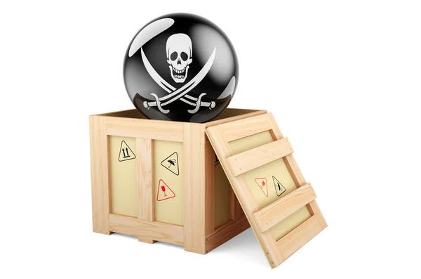 Wooden Box Parcel Piracy Flag Rendering Isolated White Background —  Fotos de Stock