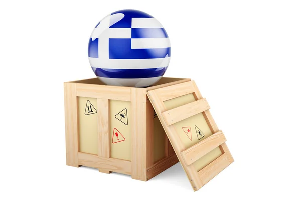 Wooden Box Parcel Greek Flag Shipping Delivery Greece Concept Rendering — Stok fotoğraf