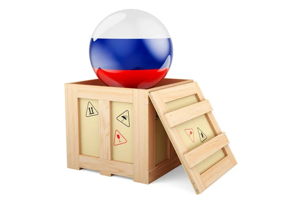 Wooden Box Parcel Russian Flag Shipping Delivery Russia Concept Rendering — Fotografia de Stock