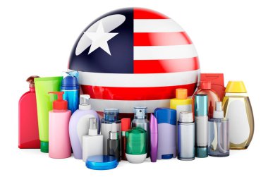 Liberian flag with cosmetic bottles, Hair, facial skin and body care products. 3D rendering isolated on white background