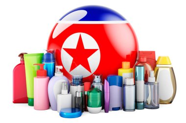North Korean flag with cosmetic bottles, Hair, facial skin and body care products. 3D rendering isolated on white background