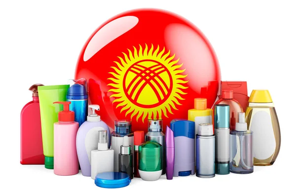 Kyrgyz Flag Cosmetic Bottles Hair Facial Skin Body Care Products — Stok fotoğraf