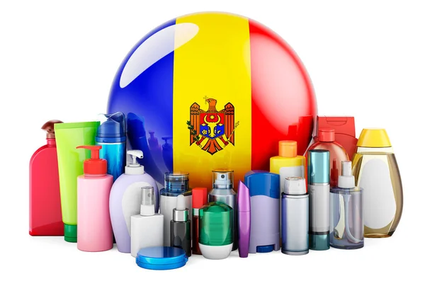 Moldovan Flag Cosmetic Bottles Hair Facial Skin Body Care Products — Stok fotoğraf