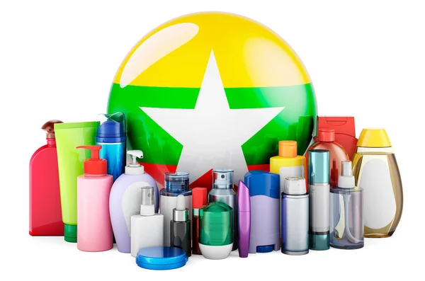 Myanmar Flag Cosmetic Bottles Hair Facial Skin Body Care Products — ストック写真