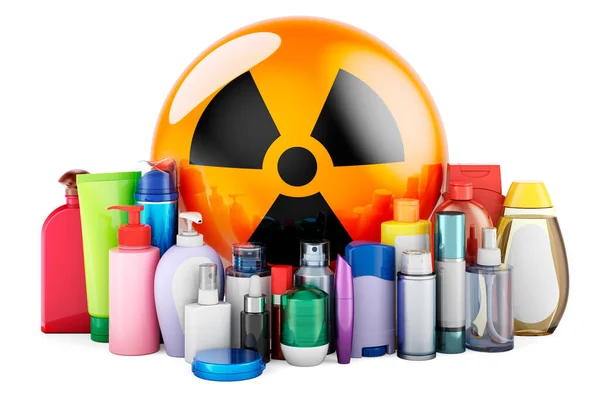 Radiation Symbol Cosmetic Bottles Rendering Isolated White Background — Stock Photo, Image