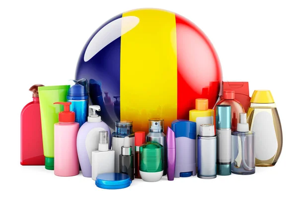 Romanian Flag Cosmetic Bottles Hair Facial Skin Body Care Products — ストック写真