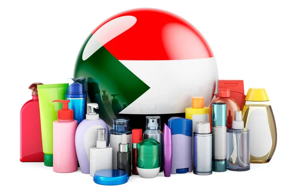 Sudanese Flag Cosmetic Bottles Hair Facial Skin Body Care Products — ストック写真