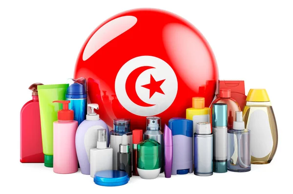 Tunisian Flag Cosmetic Bottles Hair Facial Skin Body Care Products — Foto Stock