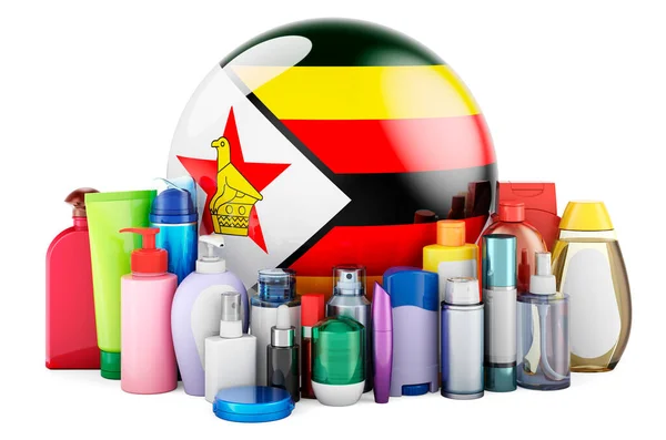 Zimbabwean Flag Cosmetic Bottles Hair Facial Skin Body Care Products — Stock Photo, Image