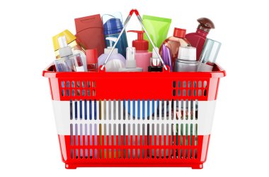 Shopping basket with Austrian flag full of cosmetic bottles, hair, facial skin and body care products. 3D rendering isolated on white background
