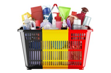 Shopping basket with Belgian flag full of cosmetic bottles, hair, facial skin and body care products. 3D rendering isolated on white background