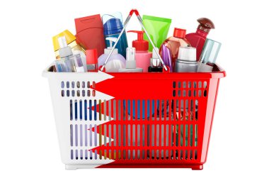 Shopping basket with Bahraini flag full of cosmetic bottles, hair, facial skin and body care products. 3D rendering isolated on white background