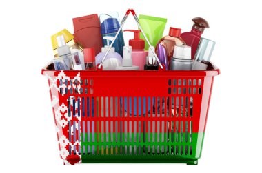 Shopping basket with Belarusian flag full of cosmetic bottles, hair, facial skin and body care products. 3D rendering isolated on white background