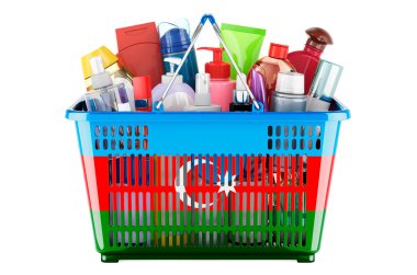 Shopping basket with Azerbaijani flag full of cosmetic bottles, hair, facial skin and body care products. 3D rendering isolated on white background