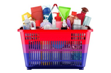 Shopping basket with bisexual flag full of cosmetic bottles, hair, facial skin and body care products. 3D rendering isolated on white background