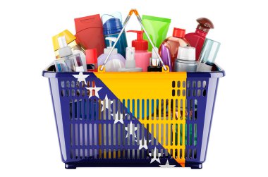 Shopping basket with Bosnian and Herzegovinan  flag full of cosmetic bottles, hair, facial skin and body care products. 3D rendering isolated on white background
