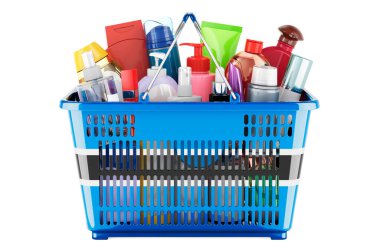 Shopping basket with Botswanian flag full of cosmetic bottles, hair, facial skin and body care products. 3D rendering isolated on white background