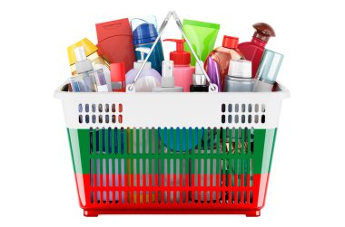 Shopping basket with Bulgarian flag full of cosmetic bottles, hair, facial skin and body care products. 3D rendering isolated on white background